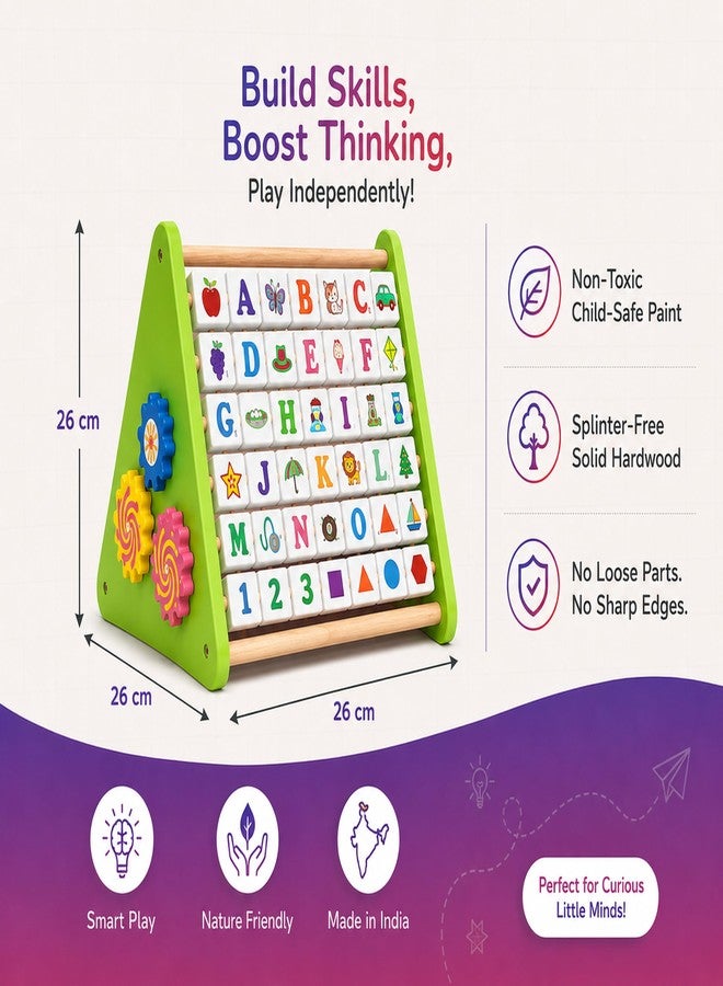 RIZZABAY 5-in-1 Wooden Montessori Activity Triangle Kids 2-5 Years, STEM Learning Abacus, Alphabet Blocks, Numbers, Clock & Gear Cube, Educational Wooden Toy for Toddlers Gift - Image 2