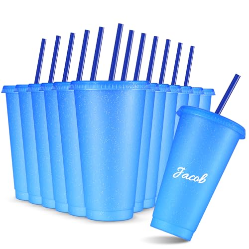 Amyhill 12 Pcs Reusable Glitter Cups with Lids and Straws 24 oz Plastic Tumbler Iced Coffee Cup Travel Mug for Smoothie Juice Sleepover Wedding Graduation Party Supplies GirlBlue - Image 1