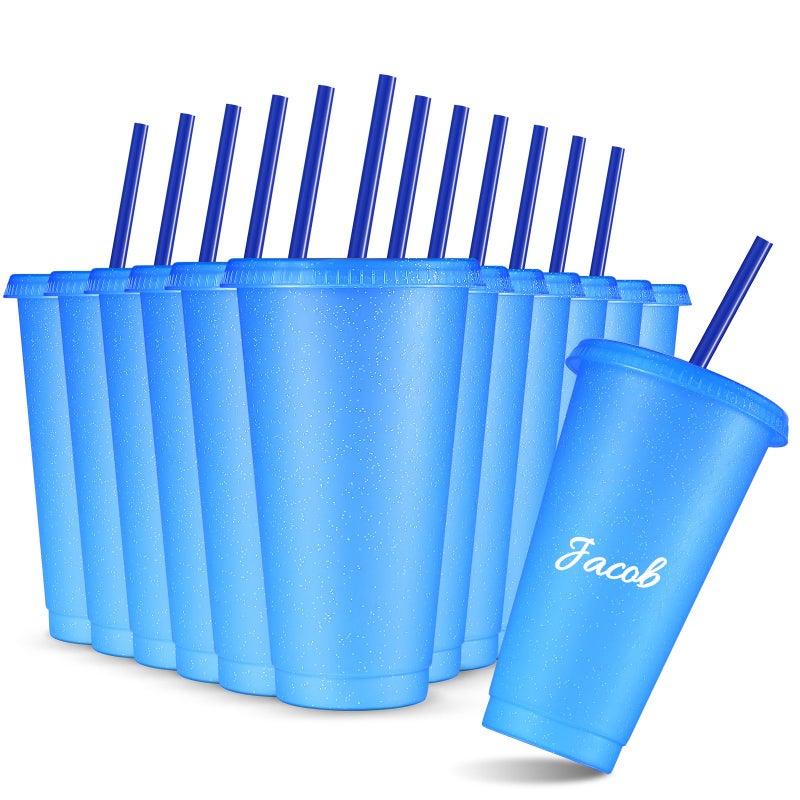 Amyhill 12 Pcs Reusable Glitter Cups with Lids and Straws 24 oz Plastic Tumbler Iced Coffee Cup Travel Mug for Smoothie Juice Sleepover Wedding Graduation Party Supplies GirlBlue - Image 2