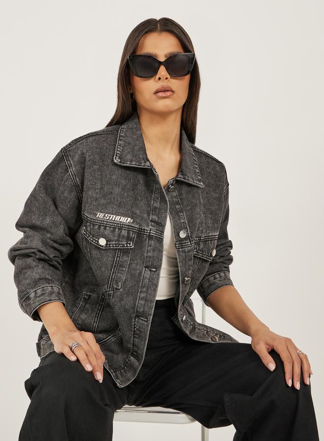 ستايلي جاكيت جينز واسع بغسيل حمضي - Image 1