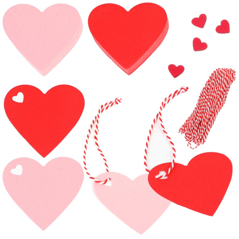 DERAYEE 100 Pcs Valentine Gift Tags with String, Heart Shaped Kraft Paper Tags for Wedding, Valentine's Party DIY Wrapping (Red, Pink) - Image 1