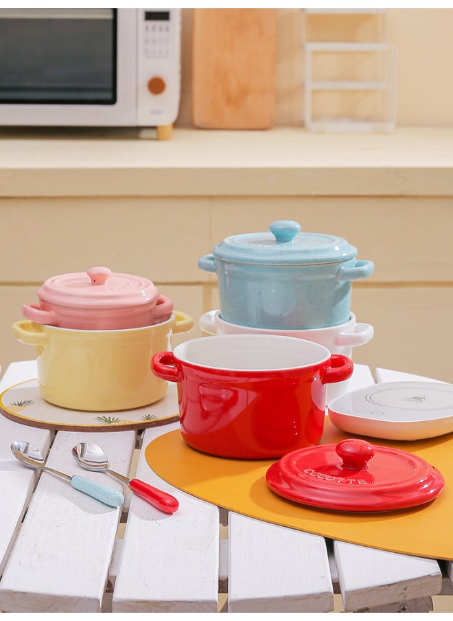 Generic - Baking Baked Bowl With Lid Binaural Dessert Bowl Soup Bowl Ceramic Steamed Egg Bowl Cup Baby Food Cover Bowl High Temperature Resistant-Specification:Medium Gypsophila Blue (460ml) Insulation Pad Set-Capacity:See Description For Capacity - Image 1