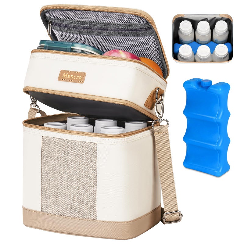 Mancro Breastmilk Cooler Bag with Ice Pack Double Layer Insulated Baby Bottles Bag Fits 6 Bottles Up to 9 Ounces Portable Breast Pump Cooler Travel Bag for Daycare and Nursing Moms Beige