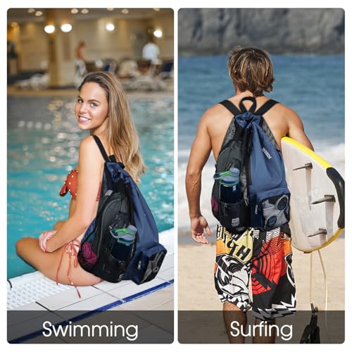 WANDF Swim Bag Mesh Drawstring Backpack with Wet Pocket Beach Backpack for Swimming, Gym, and Workout Gear(Dark Blue) - Image 2