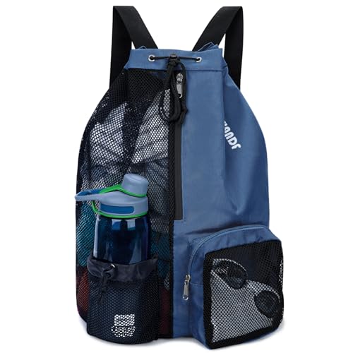 WANDF Swim Bag Mesh Drawstring Backpack with Wet Pocket Beach Backpack for Swimming, Gym, and Workout Gear(Dark Blue) - Image 1