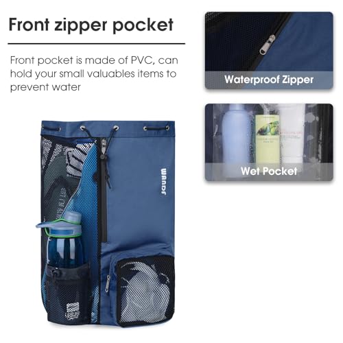 WANDF Swim Bag Mesh Drawstring Backpack with Wet Pocket Beach Backpack for Swimming, Gym, and Workout Gear(Dark Blue) - Image 3