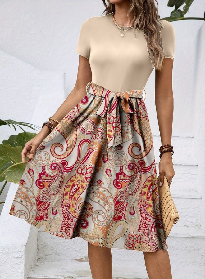 Women's Fashionable Retro Patterned Printing Color Blocked Belt Casual Knee-length Dress