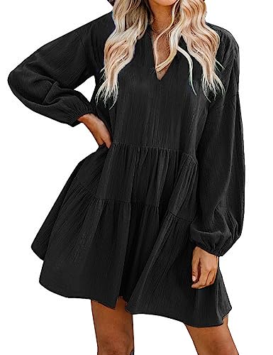 FANCYINN Womens Shift Tunic Dress Long Lantern Sleeves Babydoll V Neck Ruffle Swing Hem Maternity Dress Black XS - Image 1