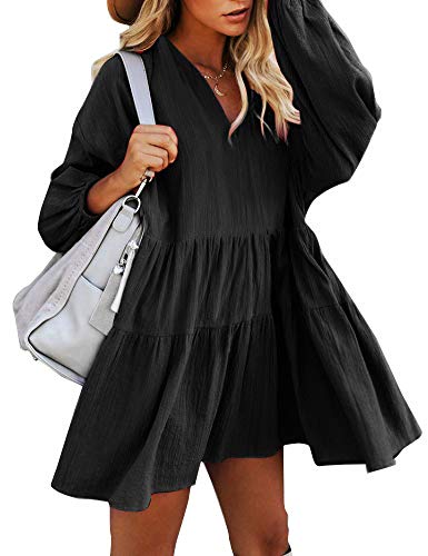 FANCYINN Womens Shift Tunic Dress Long Lantern Sleeves Babydoll V Neck Ruffle Swing Hem Maternity Dress Black XS - Image 4