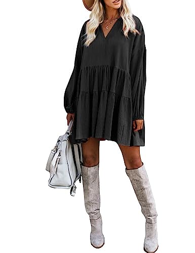 FANCYINN Womens Shift Tunic Dress Long Lantern Sleeves Babydoll V Neck Ruffle Swing Hem Maternity Dress Black XS - Image 3
