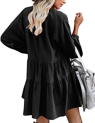 FANCYINN Womens Shift Tunic Dress Long Lantern Sleeves Babydoll V Neck Ruffle Swing Hem Maternity Dress Black XS - Image 2