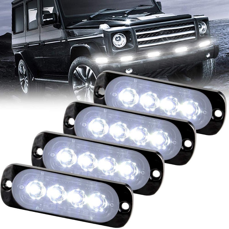 Sidaqi White 4LED Surface Flash Mount Grille Emergency Strobe Lights Ultra Slim Deck Dash Grill Warning Police Light Hazard Beacon Caution Flashing Light for Vehicles Van Waterproof 1224V4PCS