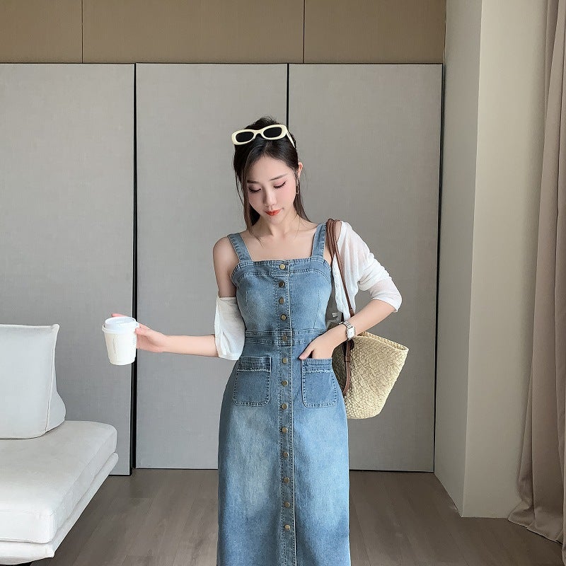 Real S Of Loose Casual Versatile Denim Suspender Skirt Mid-Length Slim Dress For Women Blue And Other Sleeveless - Image 4
