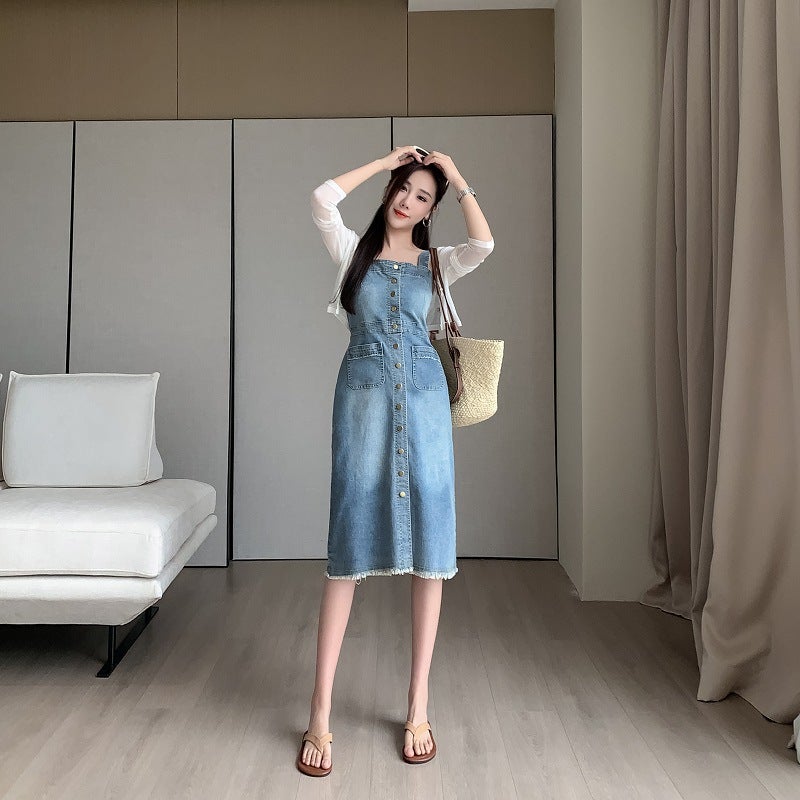 Real S Of Loose Casual Versatile Denim Suspender Skirt Mid-Length Slim Dress For Women Blue And Other Sleeveless - Image 2