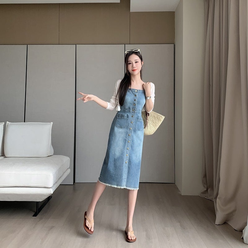 Real S Of Loose Casual Versatile Denim Suspender Skirt Mid-Length Slim Dress For Women Blue And Other Sleeveless - Image 1