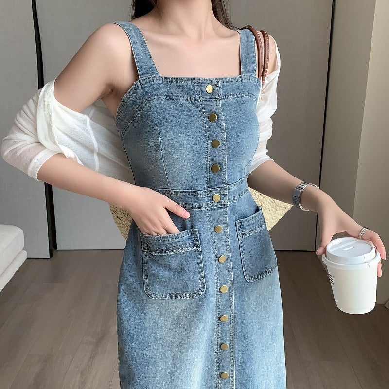 Real S Of Loose Casual Versatile Denim Suspender Skirt Mid-Length Slim Dress For Women Blue And Other Sleeveless - Image 3