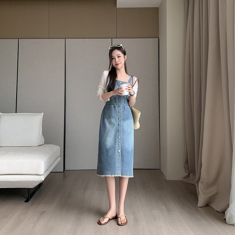 Real S Of Loose Casual Versatile Denim Suspender Skirt Mid-Length Slim Dress For Women Blue And Other Sleeveless - Image 5