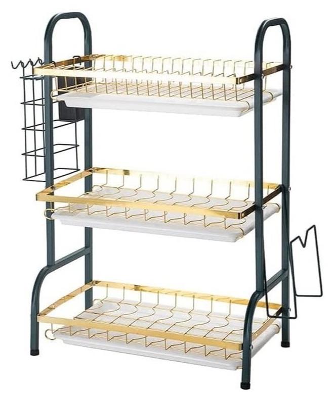 Organized Home 3 Tier Dish Drying Rack Dish Drainer with Drainboard and Utensil Holder Large Capacity for Kitchen Countertop (Black Gold) - Image 1
