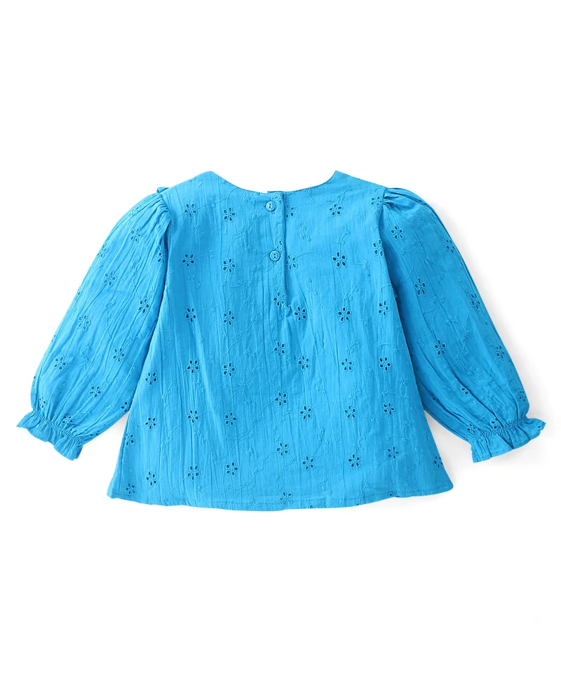 babyhug Babyhug 100% Cotton Full Sleeves Shiffli Top with Frill Detailing - Blue
