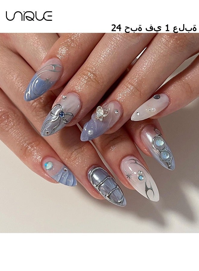 يونيك 24 قطعة أظافر مزيفة ، أظافر الصحافة ، مانيكير منتصف اللوز - أزرق فاتح فضي ستارلايت دايموند مانيكير - 3D فراشة عقدة مسمار الفن - التصحيح الأظافر وهمية - Image 1