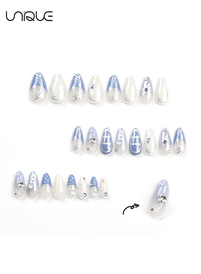 يونيك 24 قطعة أظافر مزيفة ، أظافر الصحافة ، مانيكير منتصف اللوز - أزرق فاتح فضي ستارلايت دايموند مانيكير - 3D فراشة عقدة مسمار الفن - التصحيح الأظافر وهمية - Image 2