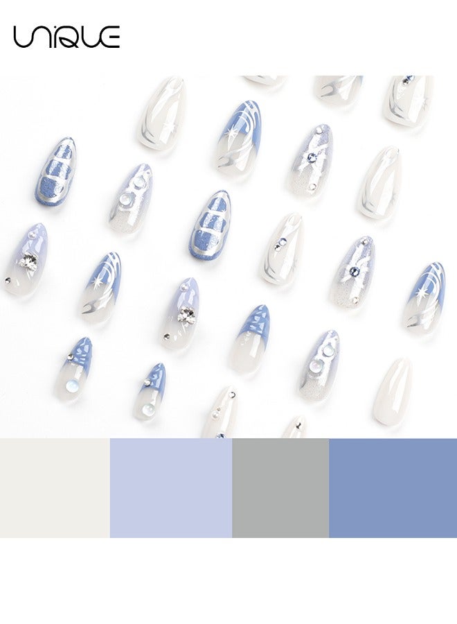 يونيك 24 قطعة أظافر مزيفة ، أظافر الصحافة ، مانيكير منتصف اللوز - أزرق فاتح فضي ستارلايت دايموند مانيكير - 3D فراشة عقدة مسمار الفن - التصحيح الأظافر وهمية - Image 3