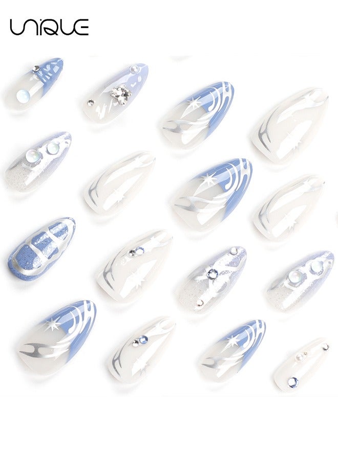 يونيك 24 قطعة أظافر مزيفة ، أظافر الصحافة ، مانيكير منتصف اللوز - أزرق فاتح فضي ستارلايت دايموند مانيكير - 3D فراشة عقدة مسمار الفن - التصحيح الأظافر وهمية - Image 4