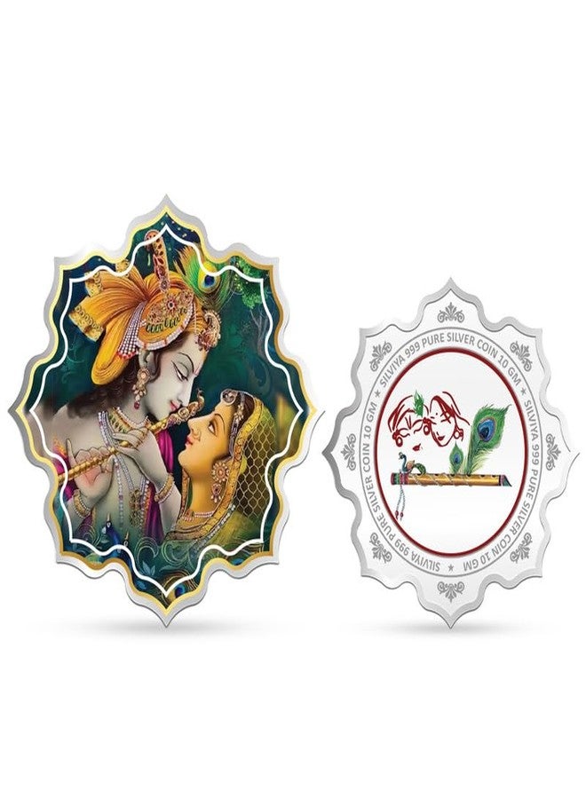 Silviya BIS Hallmarked Radha Krishna with Mor Pankh 999 Pure Silver Coin (10g) Lotus Shape: Divine Love Couple - Hinduism - Vrindavan - Janmashtami Puja Gift - Image 1