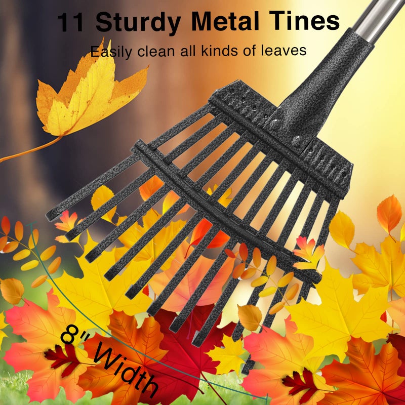 DonSail Rake for Leaves, 8" Wide 11 Tines Small Metal Hand Garden Adjustable Lawn Yard Shrub Kids Leaf Rake Heavy Duty Garden Tool for Gardening - Image 2