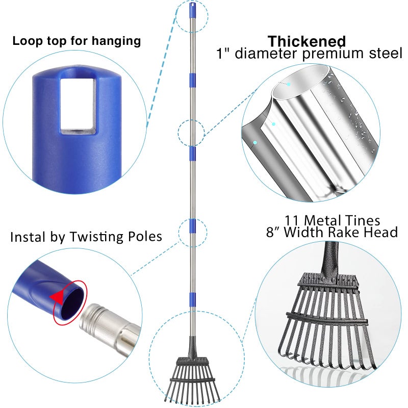 DonSail Rake for Leaves, 8" Wide 11 Tines Small Metal Hand Garden Adjustable Lawn Yard Shrub Kids Leaf Rake Heavy Duty Garden Tool for Gardening - Image 5