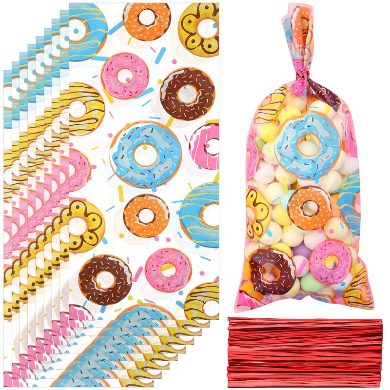 PerKoop 100 Pieces 5 x 11 Inches Donut Candy cellophane Bags Sweet Doughnut Treat favor Goodie Bags with 150 Pieces Twist Ties for candy Birthday Party Baby Shower Decoration Supplies