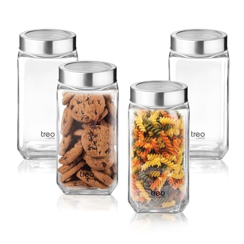 Treo by Milton Cube Storage Containers, Set of 4, Glass Jar with Air Tight Steel Lid, 1000 ml each, Transparent Jars for Snacks, Pulses, Masala, Pickles, Cereals, Cookies, Dry Food - Image 1