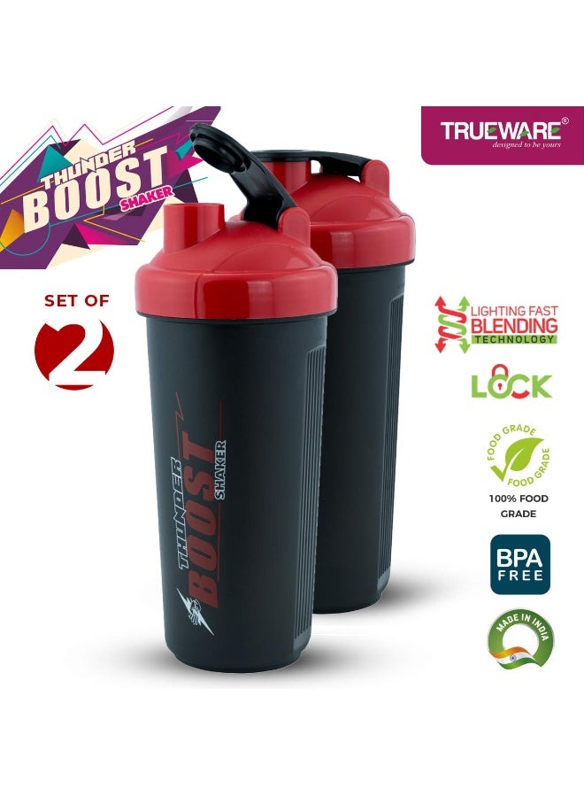 Trueware خلاط بروتين ترووير بليندر بوست جيم شيكر - خلاط بروتين بتصميم مانع للتسرب | بلاستيك آمن غذائيًا | سعة 700 مل خالٍ من مادة BPA | خلاط مثالي للتمارين الرياضية لمحبي اللياقة البدنية | زجاجة رياضية بغطاء سهل الإمساك للعصائر ومشروبات البروتين | اللون: أسود وأحمر | طقم من قطعتين - Image 2