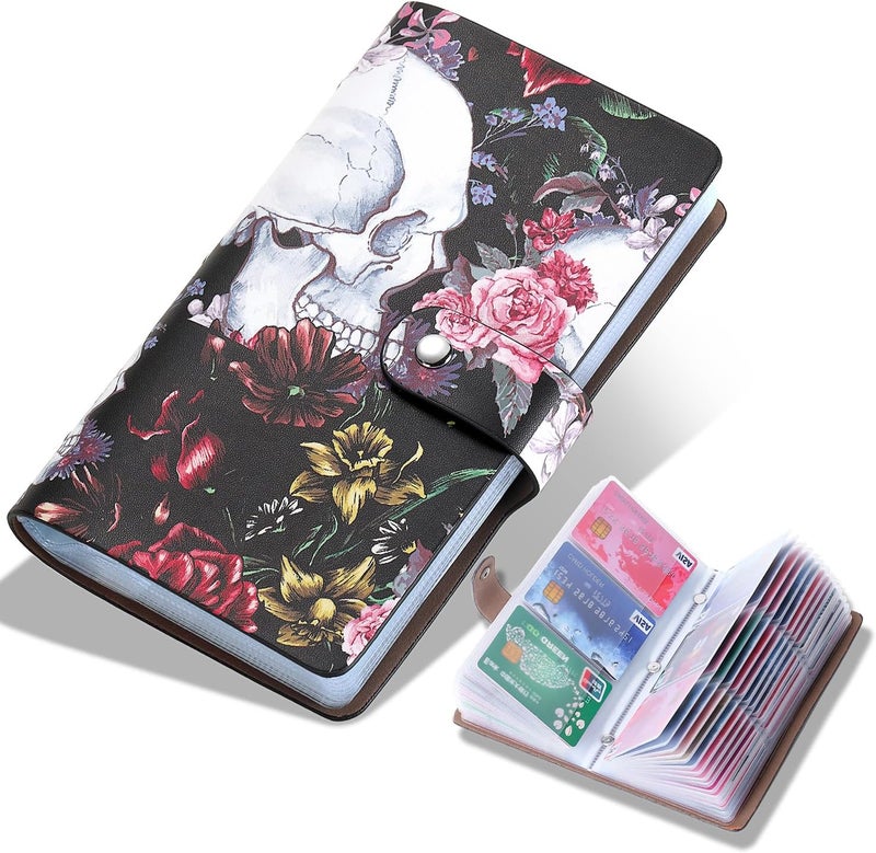 Romozi RFID Credit Card Holder, Leather Business Card Organizer with 96 Card Slots, Credit Card Case for Managing Your Different Cards and Important Documents to Prevent Loss or Damage (Skeleton Flower) - Image 1