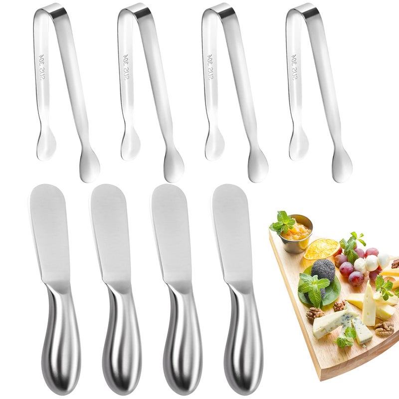 Mlurcu Butter Spreader Knife Set 8 PCS Stainless Steel Cheese Butter Spreader Knives and Mini Serving Tongs for Cheese Cold Butter Jam Appetizers Pastry Charcuterie Accessories Kitchen Utensils