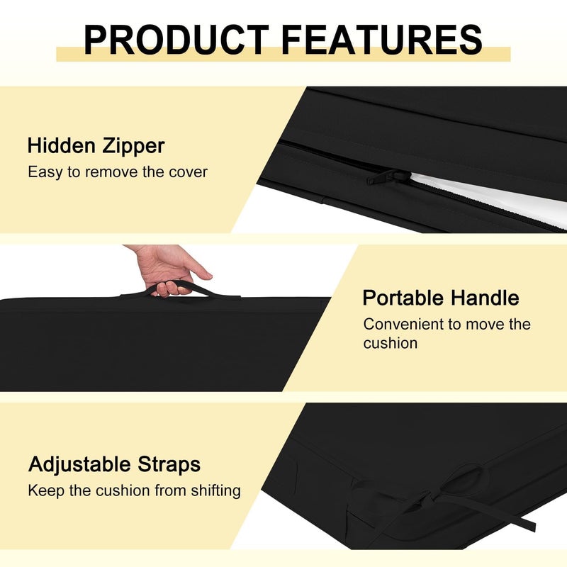 downluxe Waterproof Outdoor Chair Cushions Set of 2, 19" x 19" x 3" Patio Chair Cushion with Non-Slip Ties & Handle, Square Outdoor Cushion for Patio Furniture with Removable Cover, Black - Image 5