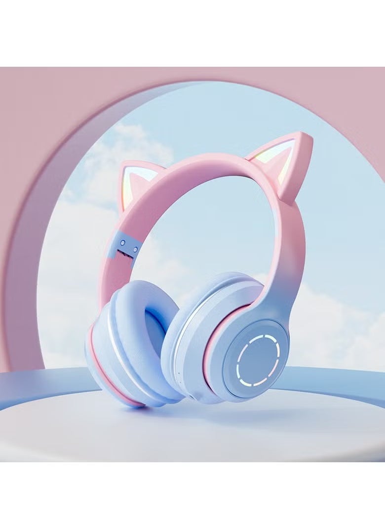 Arabest Bluetooth Over-Ear Headphone,RGB Cat-Ear Stereo Sound Headset,TF card/Wired/Wireless Mode-Pink Blue  - Image 1