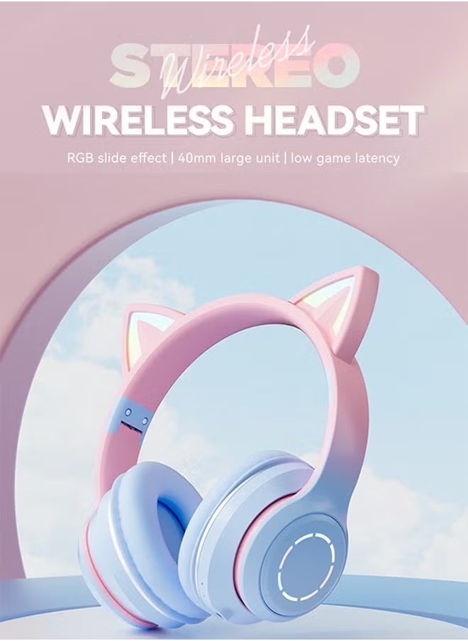 Arabest Bluetooth Over-Ear Headphone,RGB Cat-Ear Stereo Sound Headset,TF card/Wired/Wireless Mode-Pink Blue  - Image 2