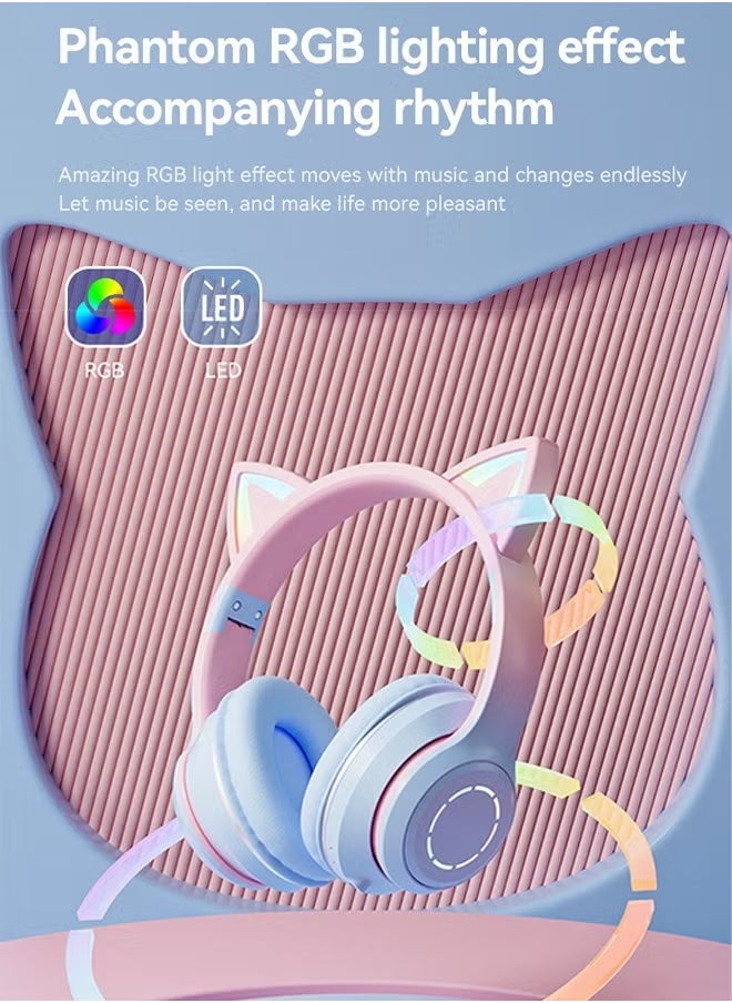 Arabest Bluetooth Over-Ear Headphone,RGB Cat-Ear Stereo Sound Headset,TF card/Wired/Wireless Mode-Pink Blue  - Image 3
