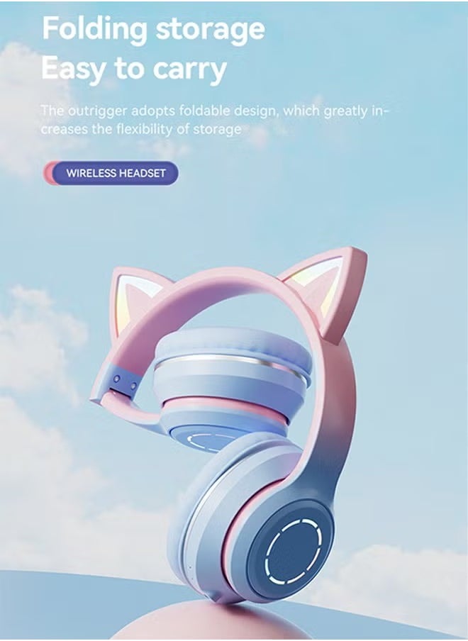Arabest Bluetooth Over-Ear Headphone,RGB Cat-Ear Stereo Sound Headset,TF card/Wired/Wireless Mode-Pink Blue  - Image 5