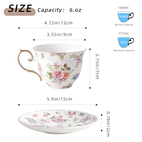 Agyiuns tea cups and saucers ceramic coffee mug 6oz for Coffee, Latte, Cafe Mocha and Tea-Set of 4, white with flowers - Image 2