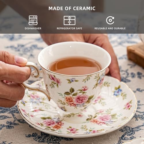 Agyiuns tea cups and saucers ceramic coffee mug 6oz for Coffee, Latte, Cafe Mocha and Tea-Set of 4, white with flowers - Image 3