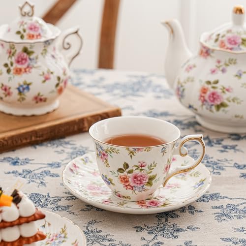 Agyiuns tea cups and saucers ceramic coffee mug 6oz for Coffee, Latte, Cafe Mocha and Tea-Set of 4, white with flowers - Image 4