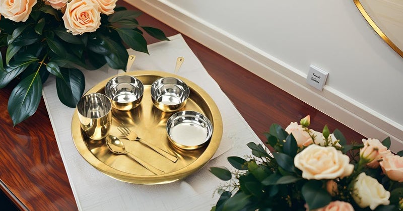Exclusivish طقم طعام حصري لامع من الفولاذ المقاوم للصدأ - 7 قطع مع 1 طبق كبير ذهبي، 1 كوب، 2 وعاء تقديم، 1 وعاء زبادي، 1 ملعقة، و1 شوكة | أدوات مائدة من الفولاذ المقاوم للصدأ الفاخرة - Image 4