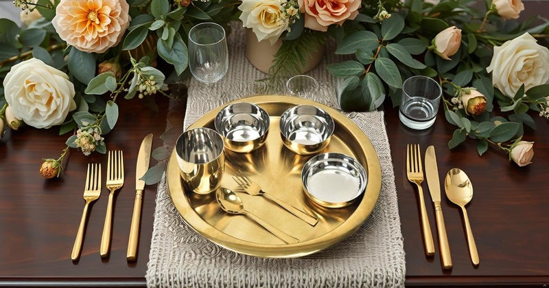 Exclusivish طقم طعام حصري لامع من الفولاذ المقاوم للصدأ - 7 قطع مع 1 طبق كبير ذهبي، 1 كوب، 2 وعاء تقديم، 1 وعاء زبادي، 1 ملعقة، و1 شوكة | أدوات مائدة من الفولاذ المقاوم للصدأ الفاخرة - Image 2