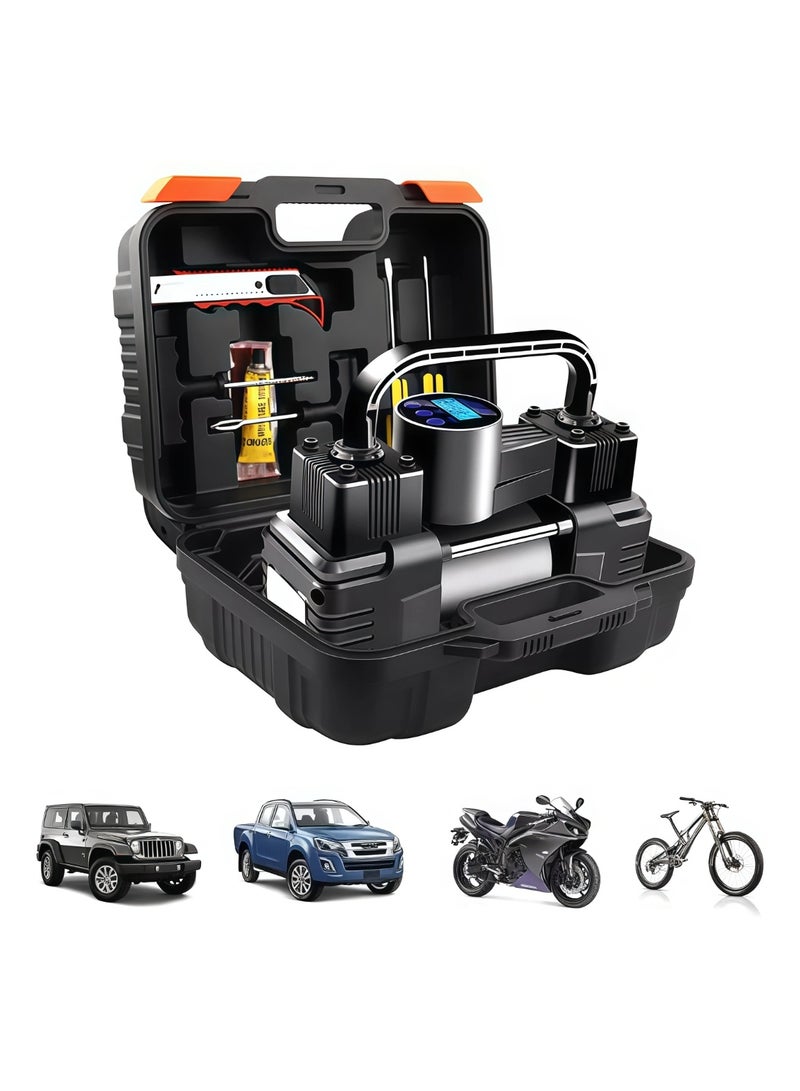 منفاخ إطارات محمول، ضاغط هواء مزدوج الأسطوانات مع شاشة LED رقمية، مضخة هواء كهربائية بقوة 150 رطل لكل بوصة مربعة للسيارات والدراجات النارية والدراجات الهوائية والمعدات الرياضية، مع طقم إصلاح الإطارات وحقيبة حمل - Image 1