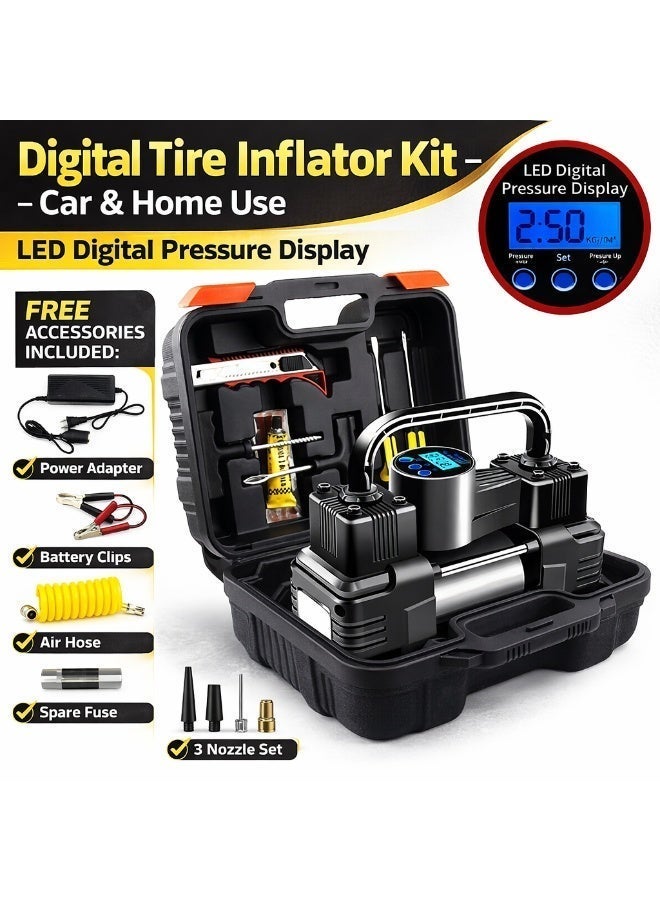 Portable Tire Inflator Air Compressor 100 PSI, Dual Cylinder 12V Electric Air Pump with Digital LED Display, Auto Shut-Off, Fast Inflation for Car Motorcycle Bicycle, with Repair Kit & Carry Case - Image 1