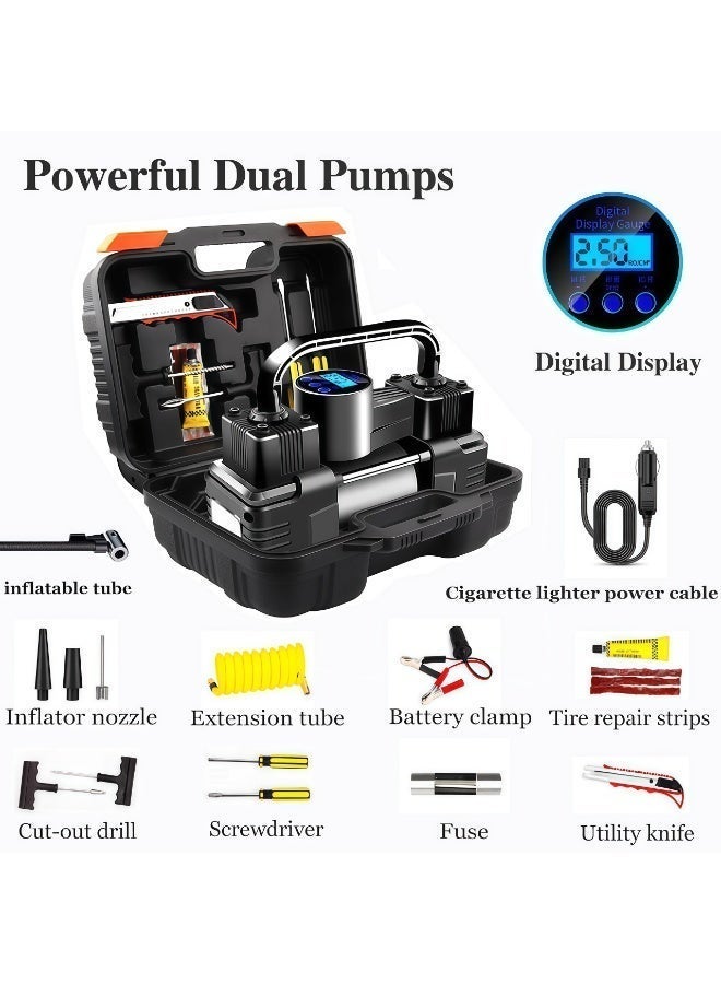 Portable Tire Inflator Air Compressor 100 PSI, Dual Cylinder 12V Electric Air Pump with Digital LED Display, Auto Shut-Off, Fast Inflation for Car Motorcycle Bicycle, with Repair Kit & Carry Case - Image 3