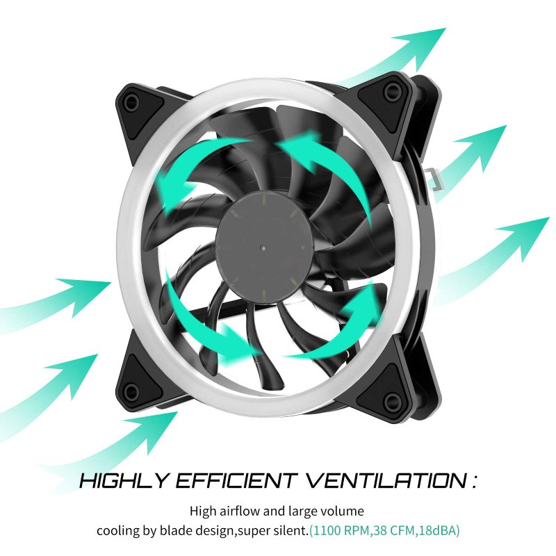 upHere 120mm RGB Series Case Fan,Quiet Edition High Airflow LED Case Fan for PC Cases-5 Pack - Image 2