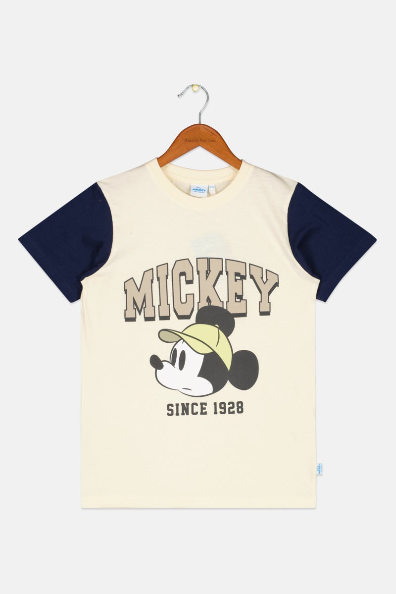 MICKEY MOUSE تي شيرت قصير الأكمام بألوان مطبوعة للأولاد، لون أبيض فاتح - Image 1